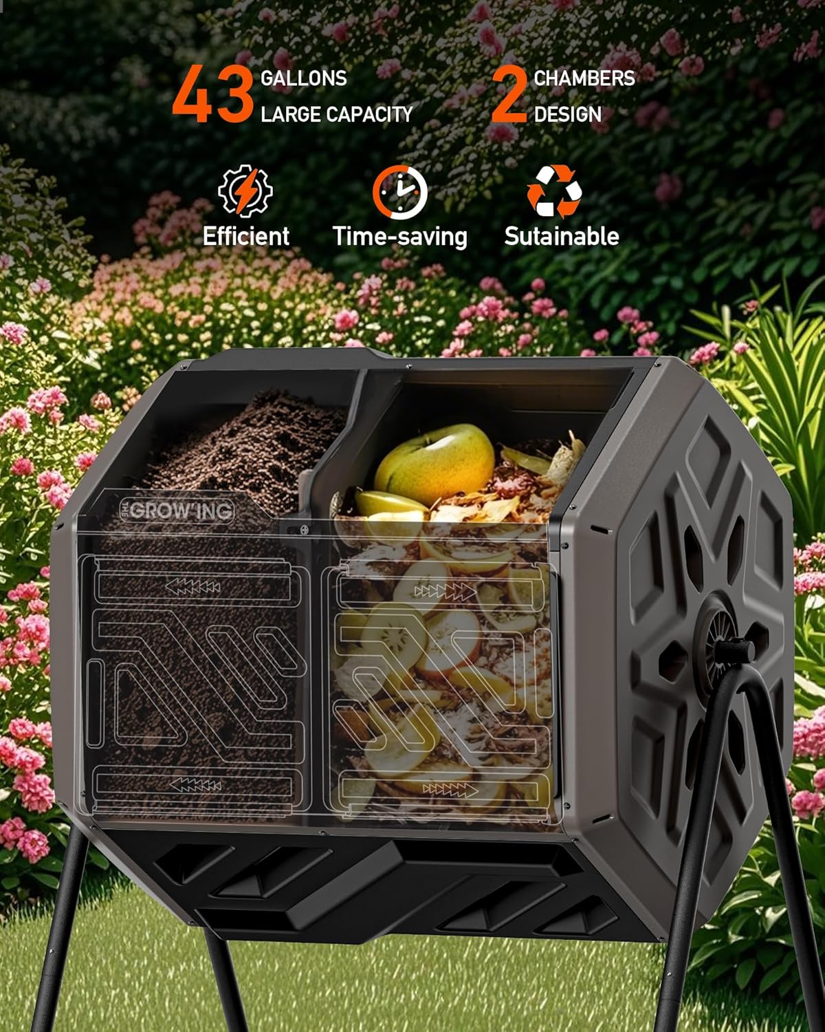 THEGROW'ING Updated 43 Gallon Compost Bin Outdoor, Fast Assemble Tumbling Composter, Dual Chamber