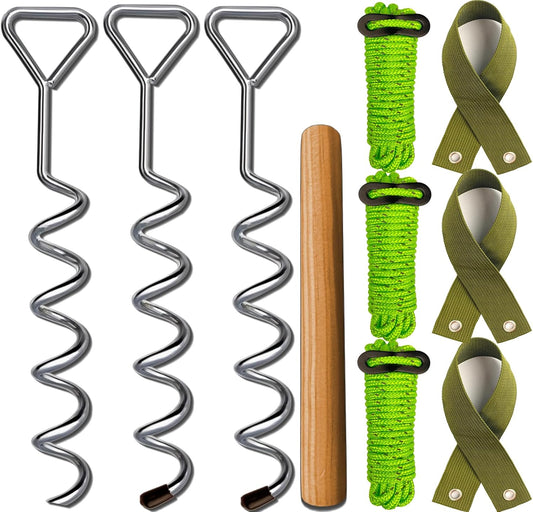 Heavy Duty Tree Stake Set - 16" Straightening Kit Spiral Metal Stakes & Double-Layer Straps Bold