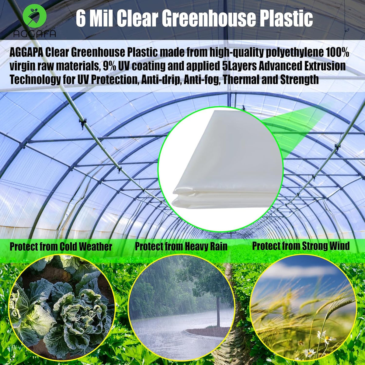 6 mil (10ft x 15ft) 100% Virgin Material. 5Layers Advanced Extrusion Technology for UV Protection
