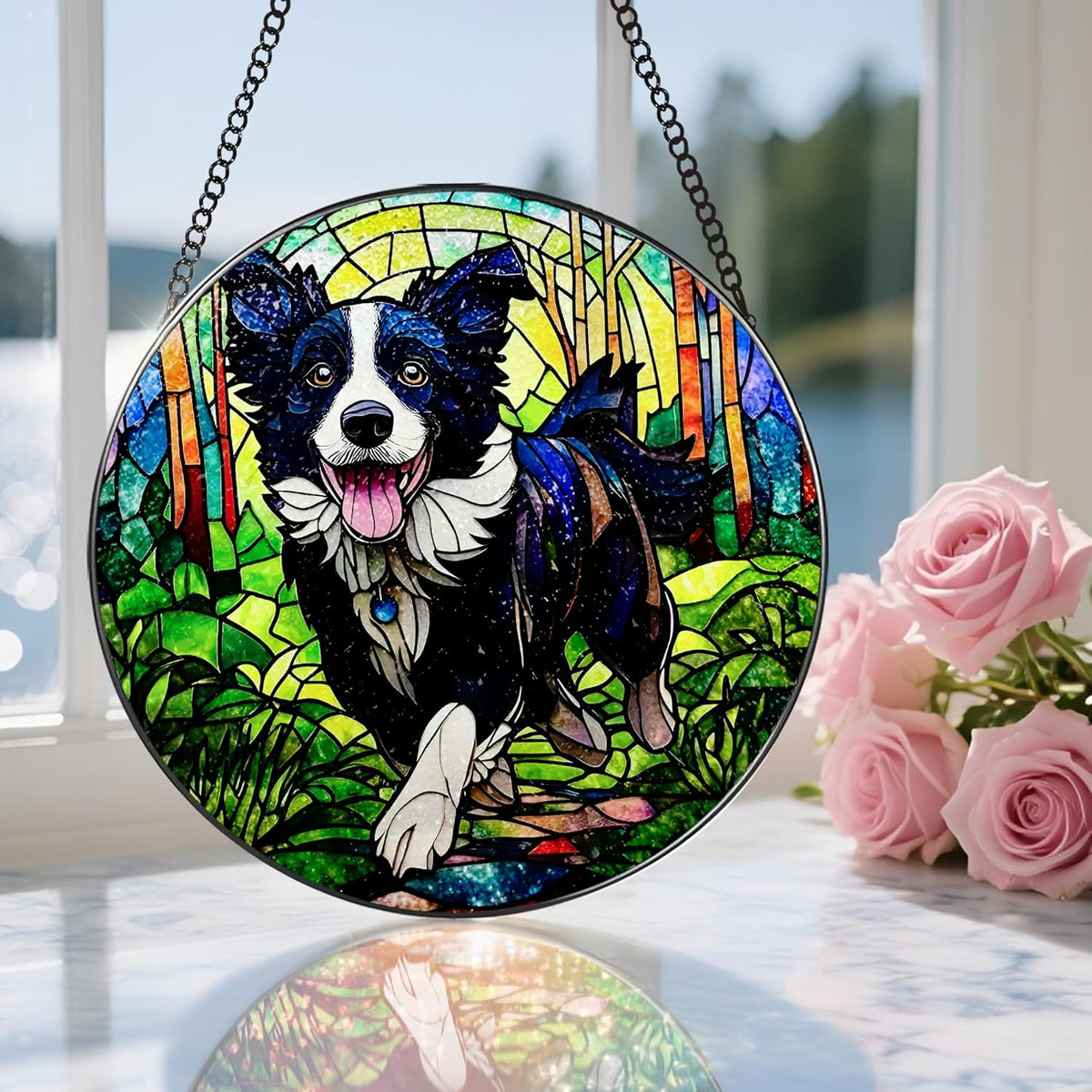 8″ Stained Glass Window Hanging Ornament, Border Collie Stained Glass Suncatcher Ornament