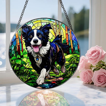 8″ Stained Glass Window Hanging Ornament, Border Collie Stained Glass Suncatcher Ornament