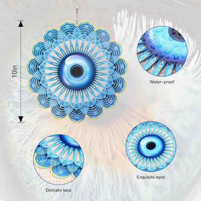 Blue Evil Eye Hanging Wind Spinners Outdoor Metal Evil Eye Decor Mandala 3D Stainless Steel Wind
