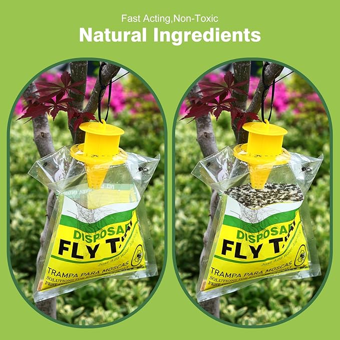 8 Pack Outdoor Hanging Fly Traps, Disposable Flies Killer Trap Bag Catcher with Natural Attractant