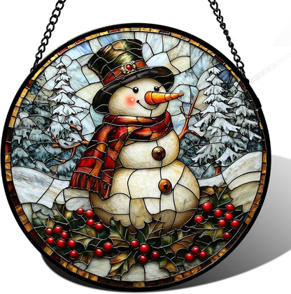 Stained Glass Window Hanging - Christmas Snowman Suncatcher for Door Terrace Garden Home Decor