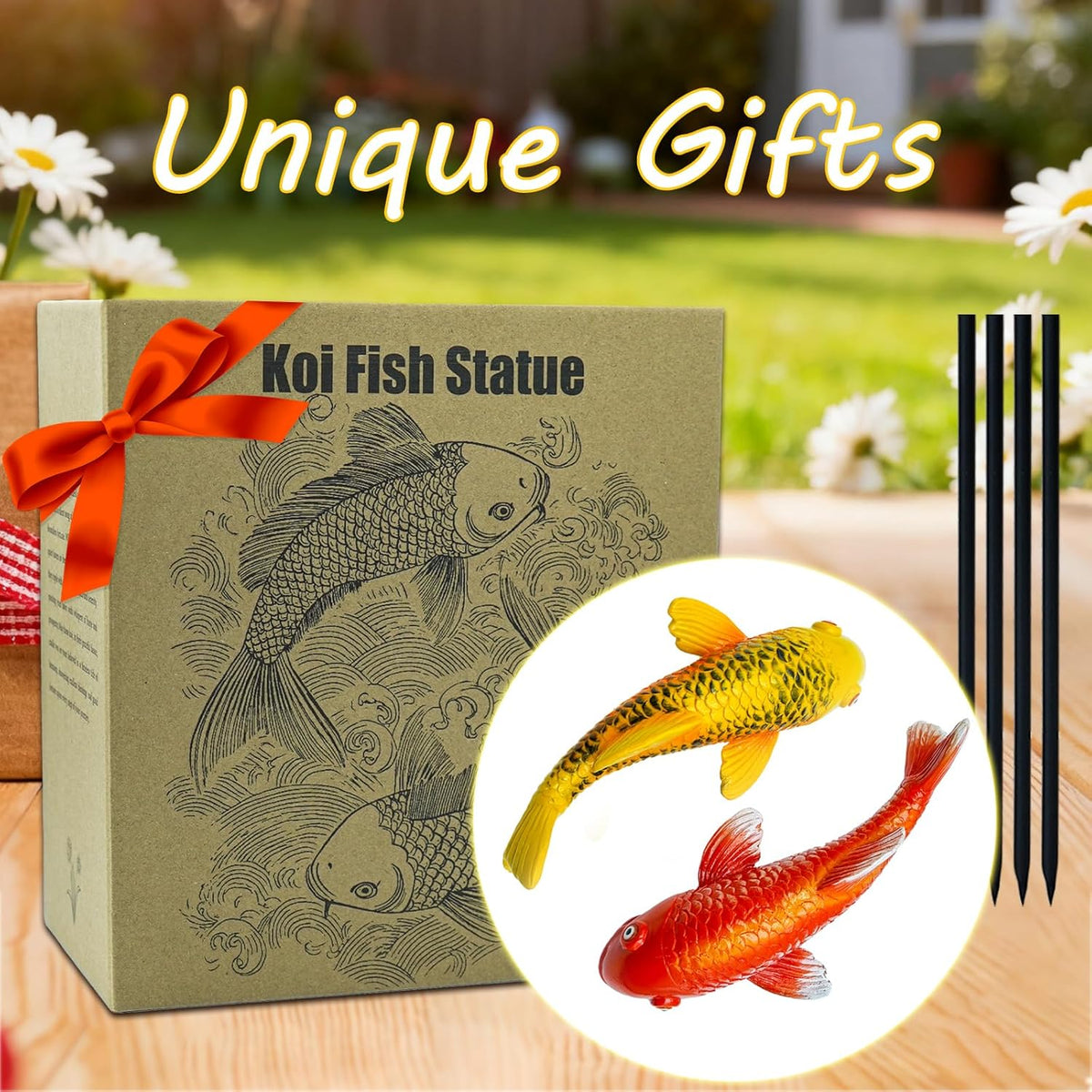 Set of 2 Koi Fish Garden Stakes, Red & Gold Resin Sculptures, Weatherproof Outdoor Patio Pond
