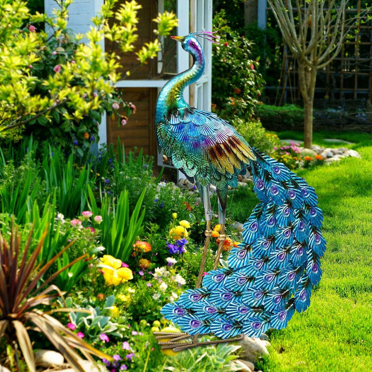 Haven Treasures Luxury 30.5 inches Outdoor Metallic Peacock Statute for Your Garden Decoration