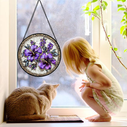 Stained Glass Window Hanging, Purple Flowers Romantic Suncatcher for Doors Home Sun Catchers