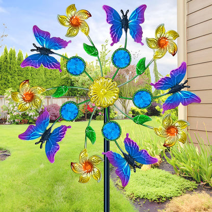 44" Butterfly Garden Wind Spinners - Metal Outdoor Stake Spinner Windmills, Wind Sculpture Yard Art