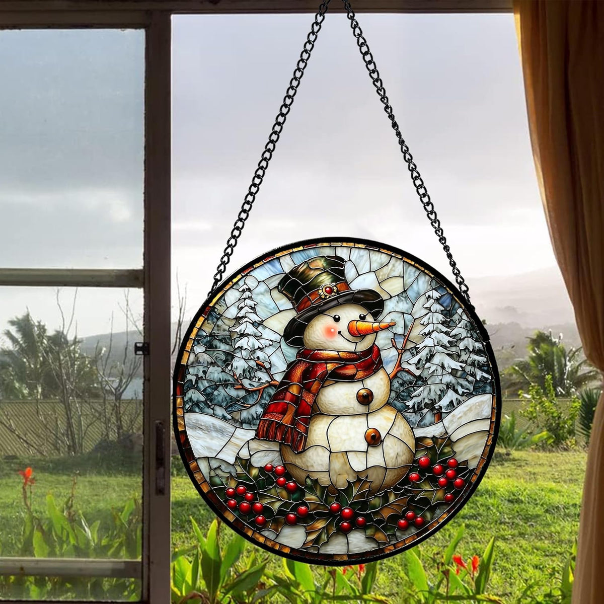 Stained Glass Window Hanging - Christmas Snowman Suncatcher for Door Terrace Garden Home Decor