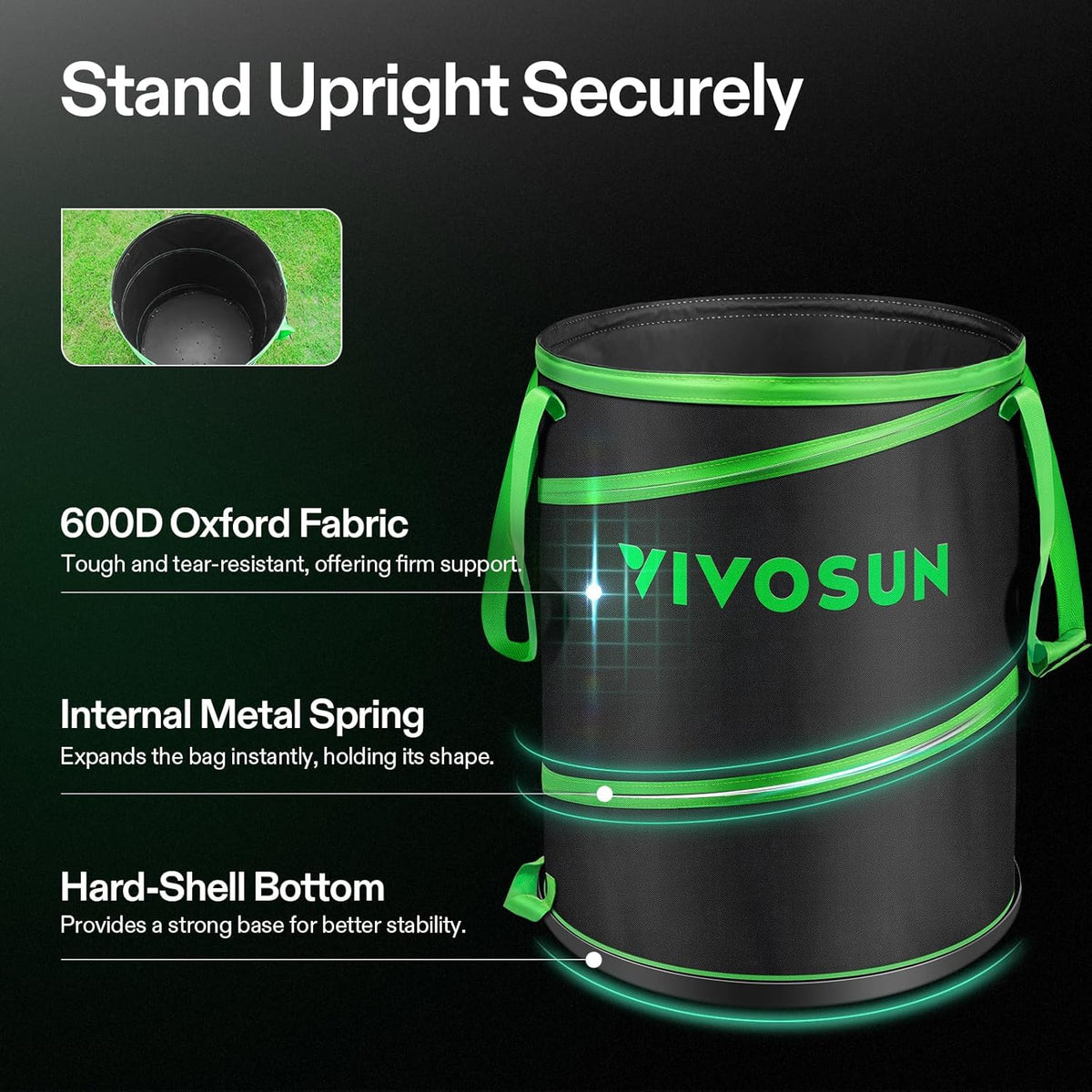 VIVOSUN 47-Gallon Collapsible Trash Can, Reusable Pop-Up Garden Bag with Hard-Shell Bottom, Leaf