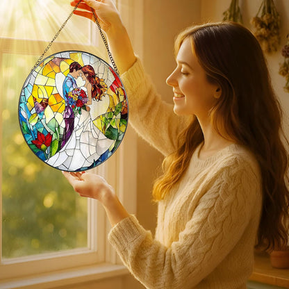 8'' Romantic Couple Wedding Sun Catcher Ornament, Stained Glass Window Hanging, Suncatchers for