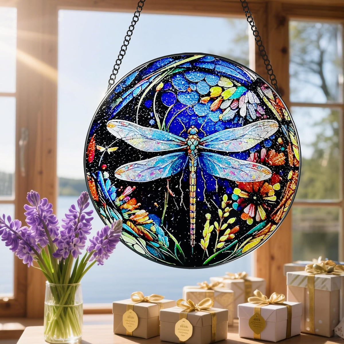 8 Inch Stained Glass Suncatcher Ornament, DOUHASU Dragonfly Sun Catchers Indoor Window, Stained