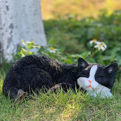 Cat Statue Outdoor Cat Figurines Garden Decor, Black Tabby Statue Figurine Decor Sculpture for