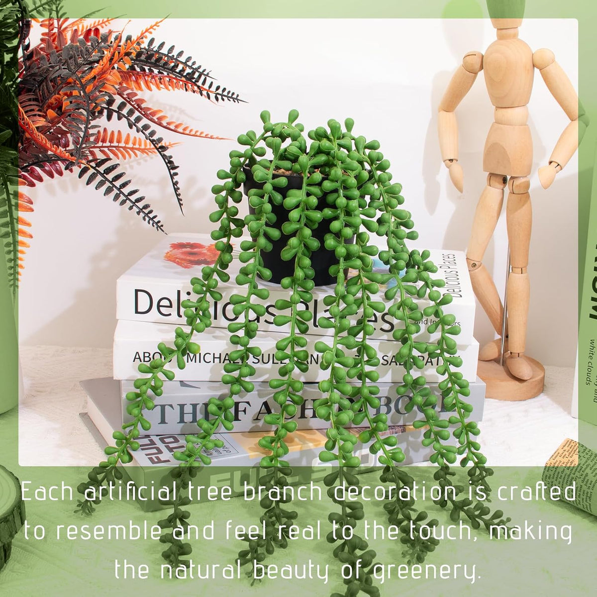 Fake Plants Indoor Artificial String of Pearls Plant in Black Pots, Long - Trail Realistic Green