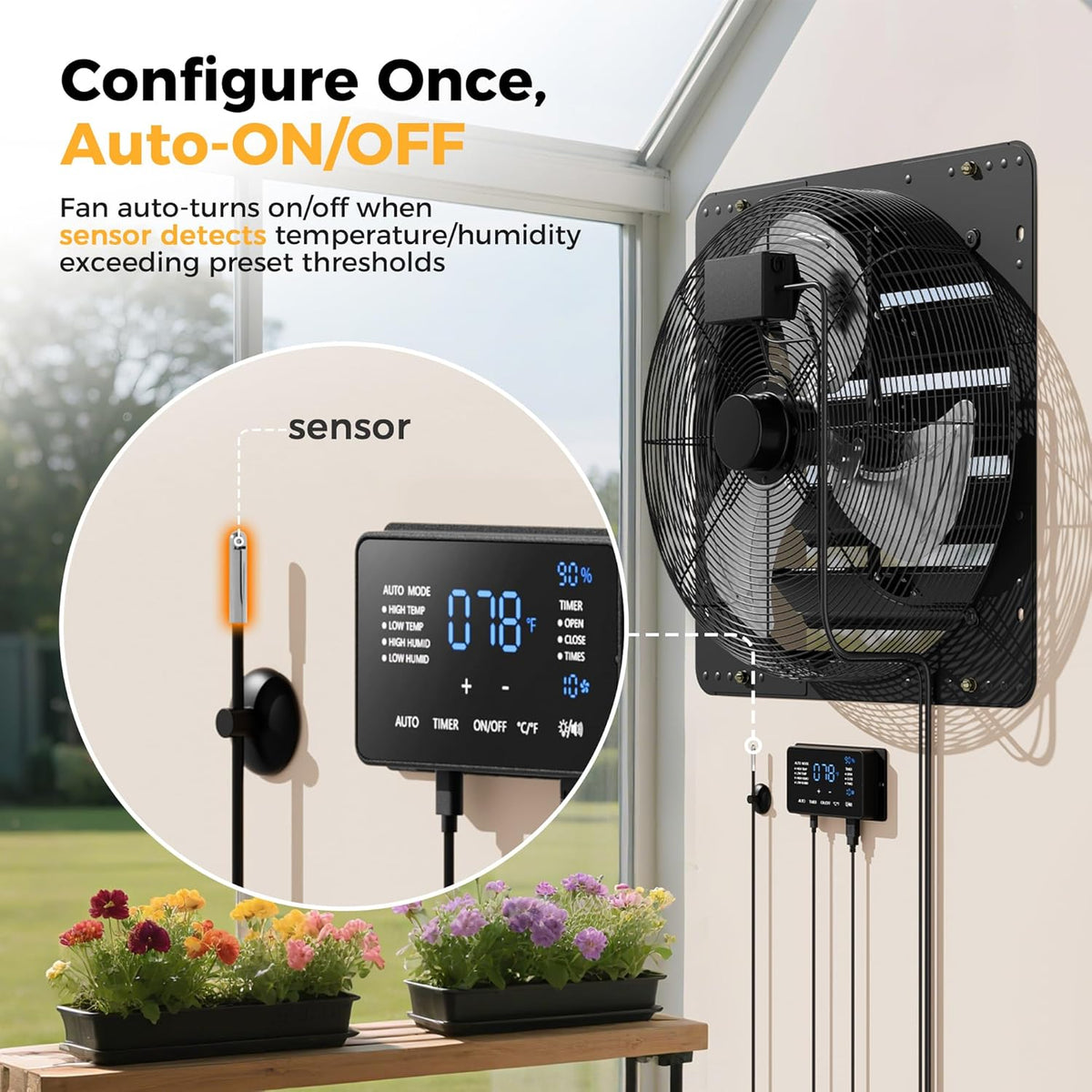 20 Inch EC Motor Shutter Exhaust Fan, 6 Inch Large Touchscreen Controller for Temp Humidity and