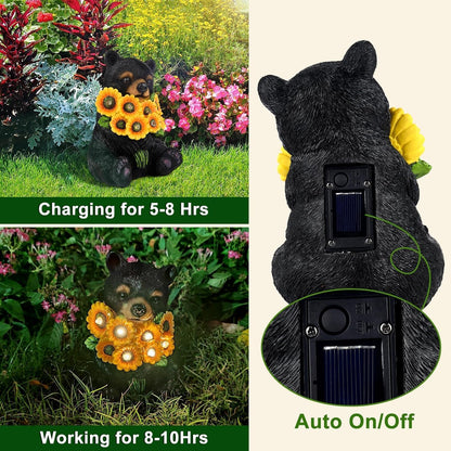 ILLUMINEW Solar Garden Lights Outdoor Statues Black Bear with Sunflowers, Sculpture Decor Mother