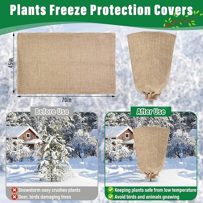 Riare 2 Packs 45 × 70 Inch Burlap Winter Plant Cover Bags with Drawstring- Reusable Large Burlap