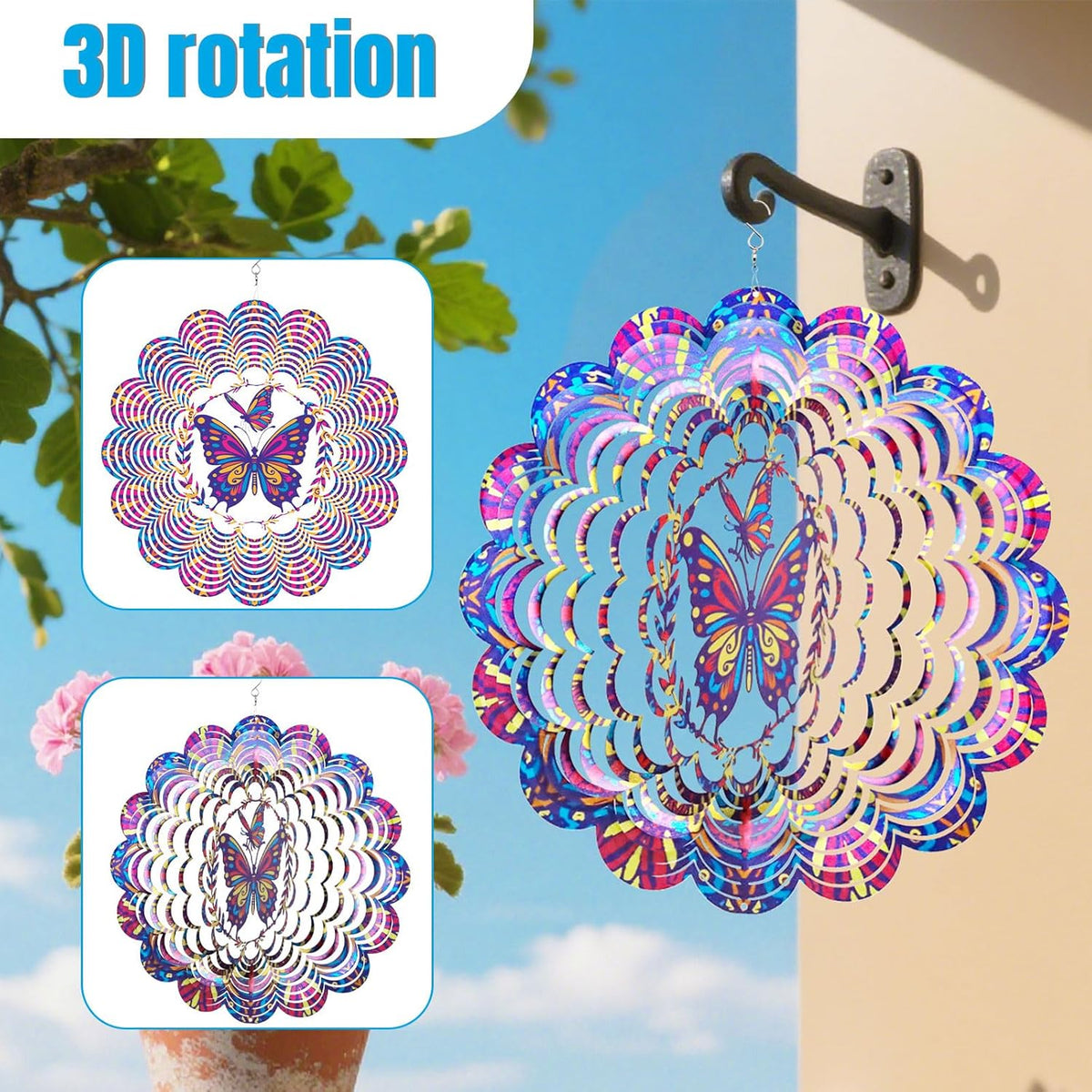 Wind Spinners Outdoor, Butterfly Metal 3D Hanging Garden Decor, 12-inch Stainless Steel Wind
