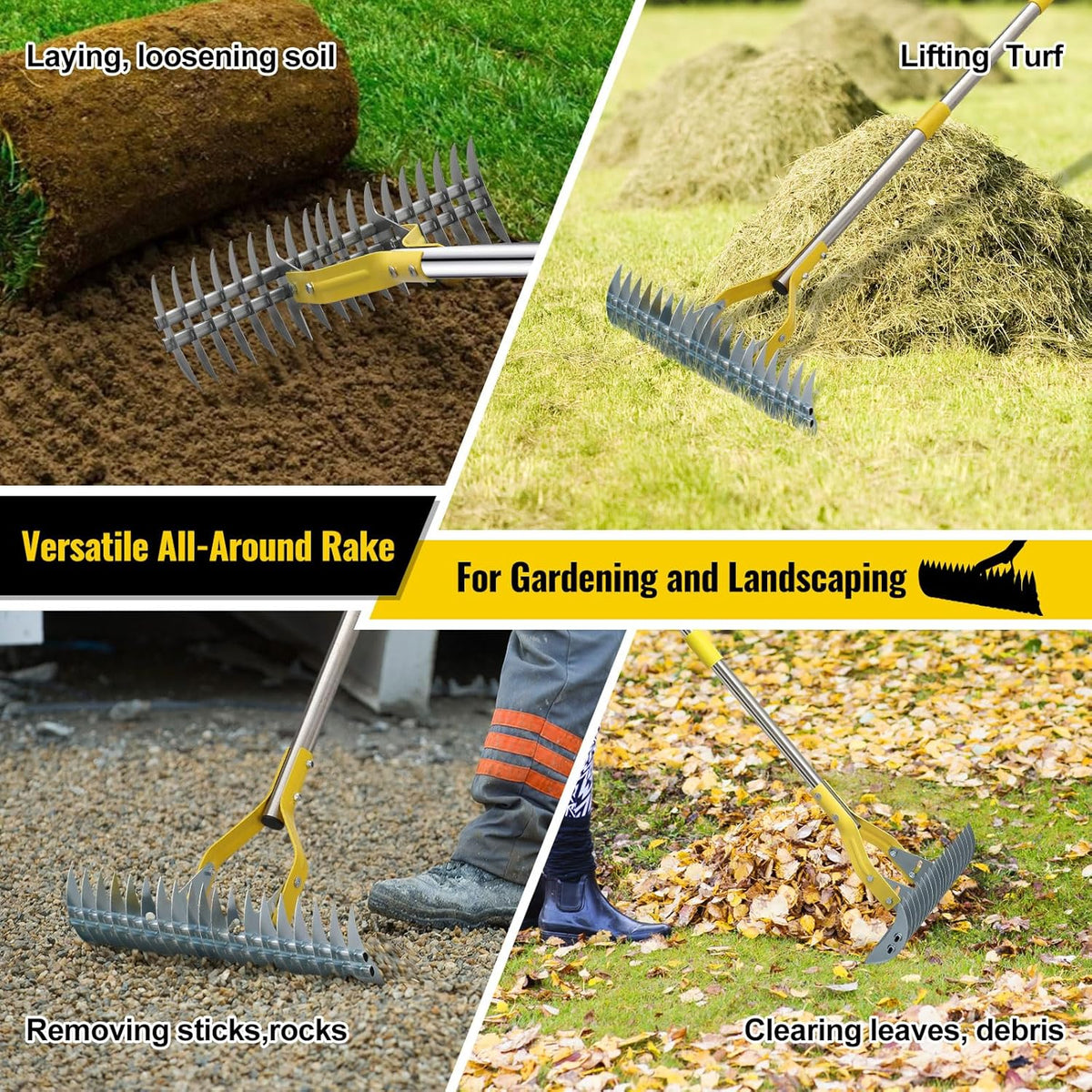 Garden Leaf Rake: Dual Function Thatching Rake for Lawn Dead Grass Leaves, Stainless Steel Heavy