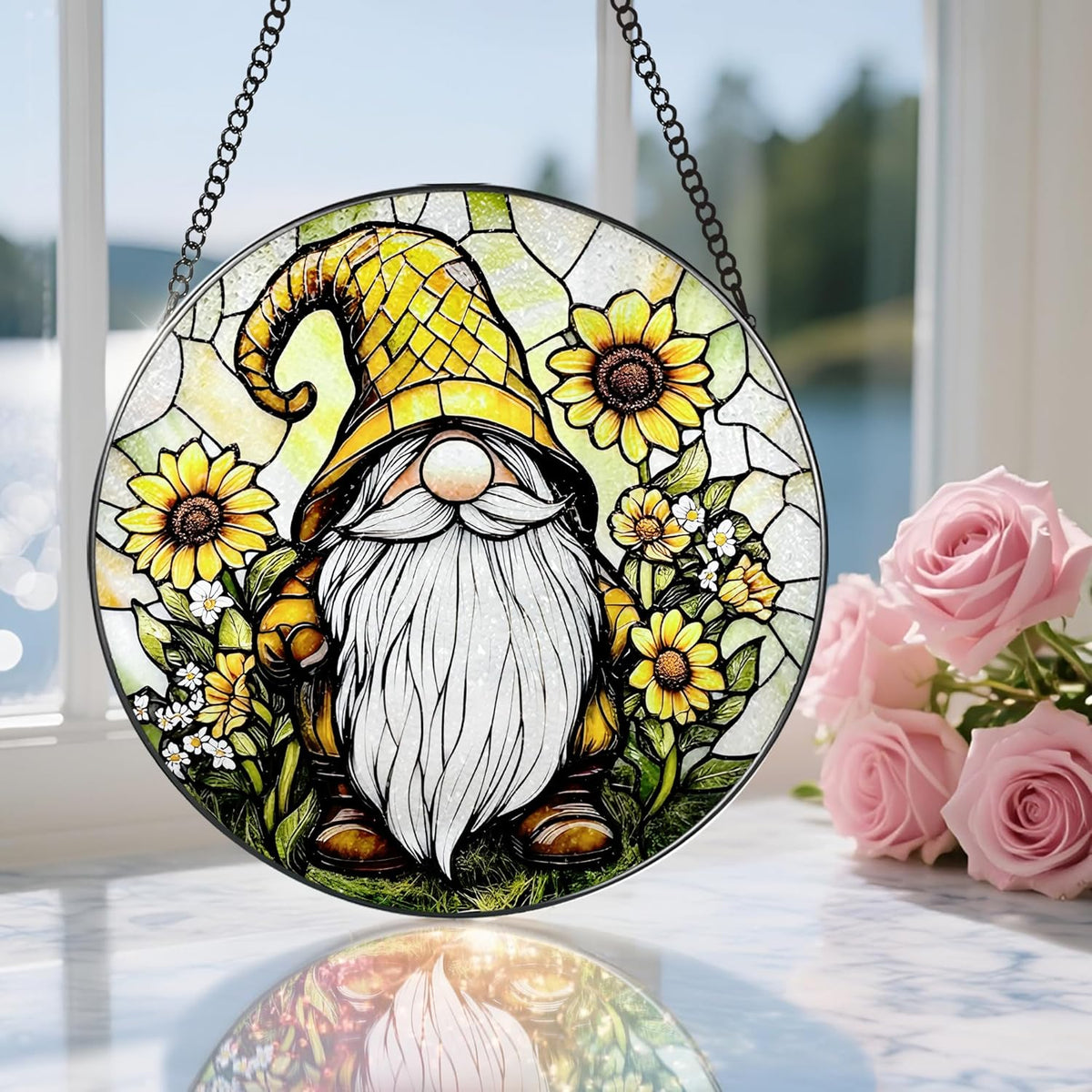 8″ Stained Glass Window Hanging Ornament, Sunflower Gnome Stained Glass Suncatcher Ornament