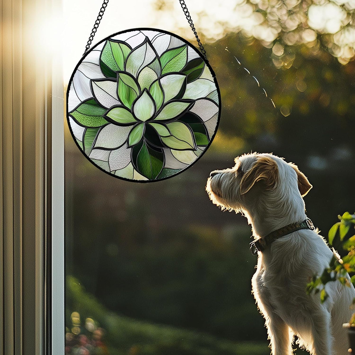 Stained Glass Window Hanging - Green Succulent Plants Suncatcher for Doors Garden Patio Floral Sun