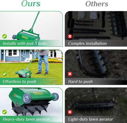 Rolling Lawn Aerator, Heavy Duty Push Spike Aeration Tool Up to 55 lbs, Manual Rotary Grass Aerator