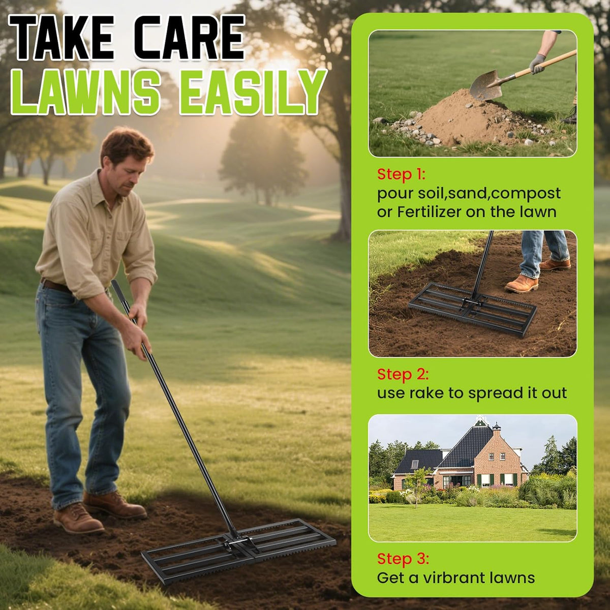 Lawn Leveling Rake with Teeth,Yard Ground Leveler 30”x10” Heavy Duty Leveler,Anti Flipping Smooth