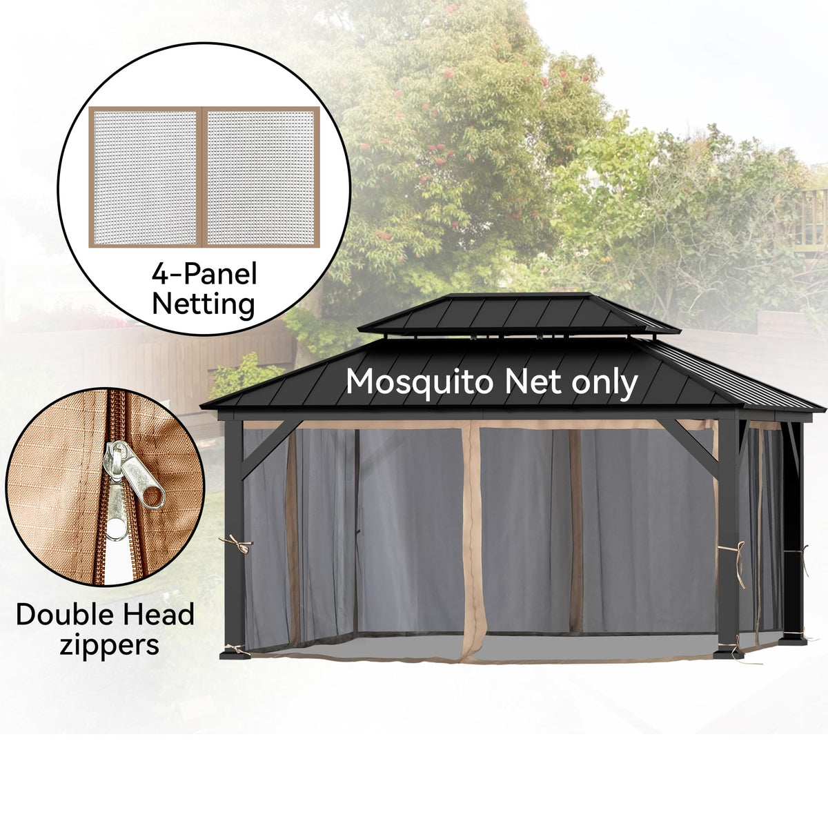 Covered Outdoor Gazebo Mosquito Netting Replacement Universal 4-Panel Sidewalls 12' x 16', Outdoor
