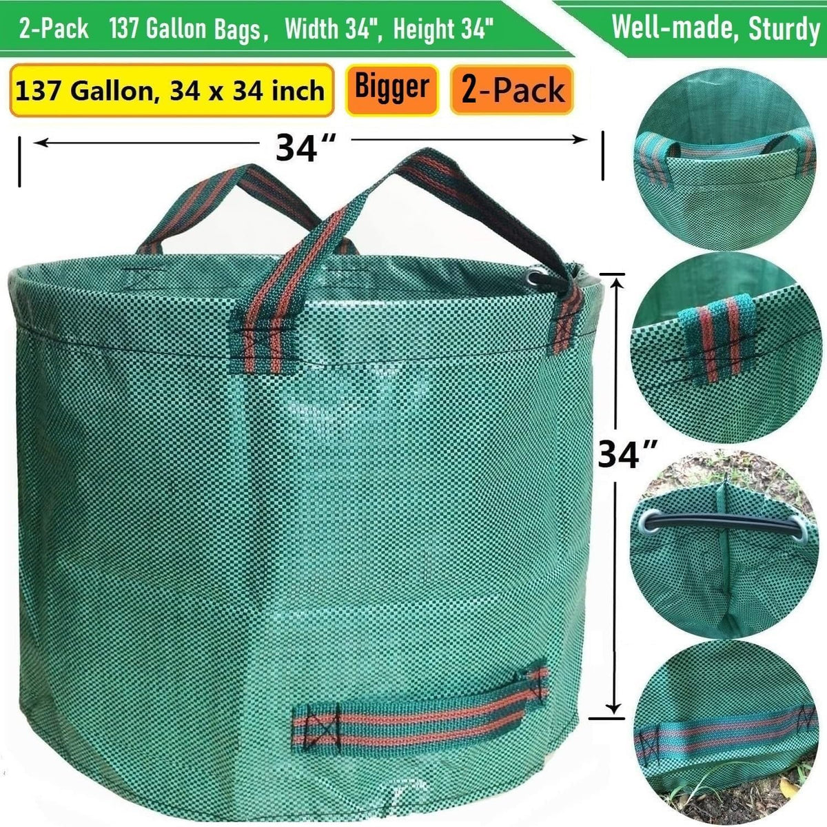 Professional 2-Pack 137 Gallon Lawn Garden Bags Large (D34,H34 inch) Yard Waste Bags w/Gardening