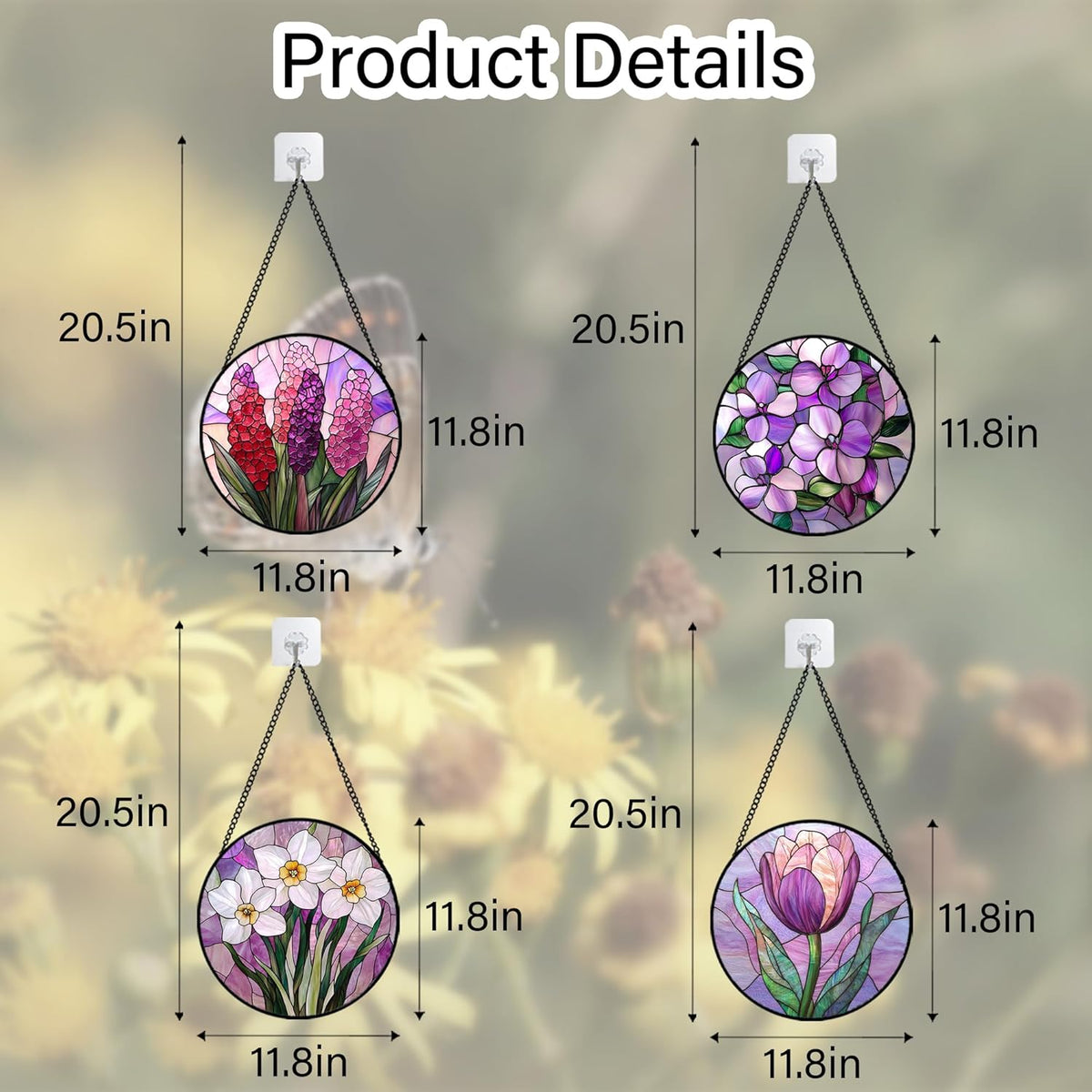 Stained Glass Window Hanging 4 Pcs Set Purple Flower Theme Large 11.8" - Tulip Suncatcher Door