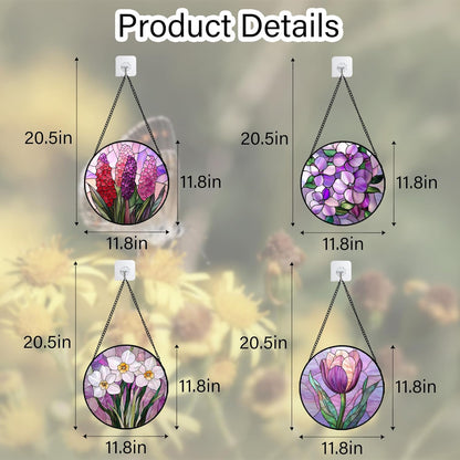 Stained Glass Window Hanging 4 Pcs Set Purple Flower Theme Large 11.8" - Tulip Suncatcher Door