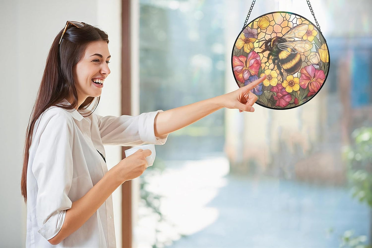 Bee Stained Glass Suncatcher - Handcrafted 7.87 inch suncatcher with Vibrant Wildflower Stained