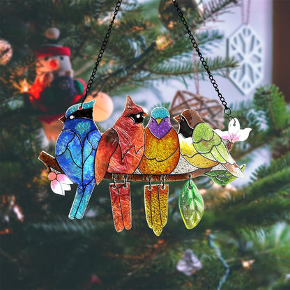 Stained Glass Window Hanging - Hummingbird on Branch Suncatcher Hand-Painted Double Side Stain