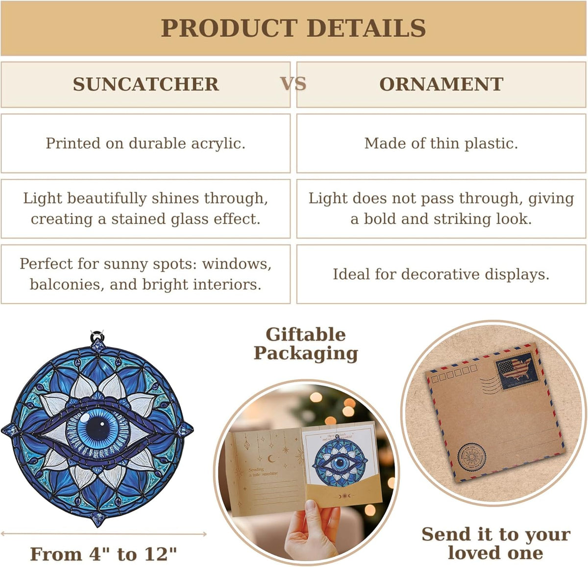 Mandala Evil Eye Acrylic Suncatcher Stained Glass Effect Boho Window Car Hanging Christmas Ornament