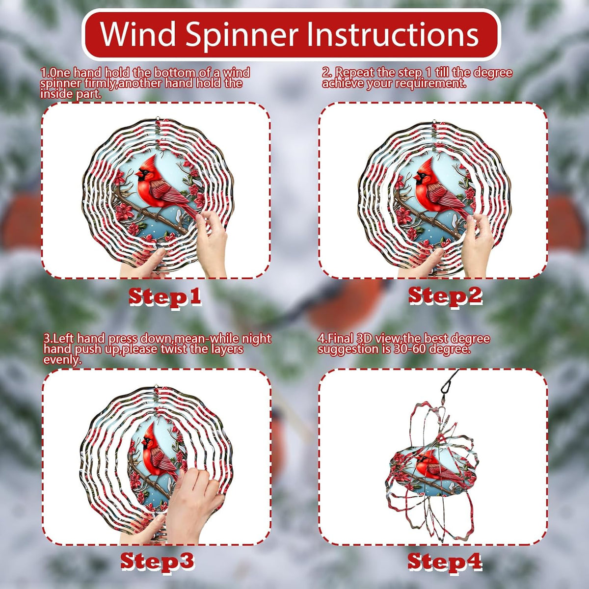 3D Red Cardinal Wind Spinner 10 Inch Stainless Steel Bird Wind Sculpture Kinetic Art Hanging