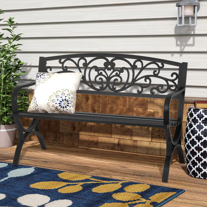 Patio Garden Bench 50 inch Outdoor Metal Loveseat Chairs with Armrests Slatted Seat and w/Floral