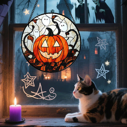 Stained Glass Window Hanging - Halloween Decorations Pumpkin Ghost Suncatcher for Doors Garden