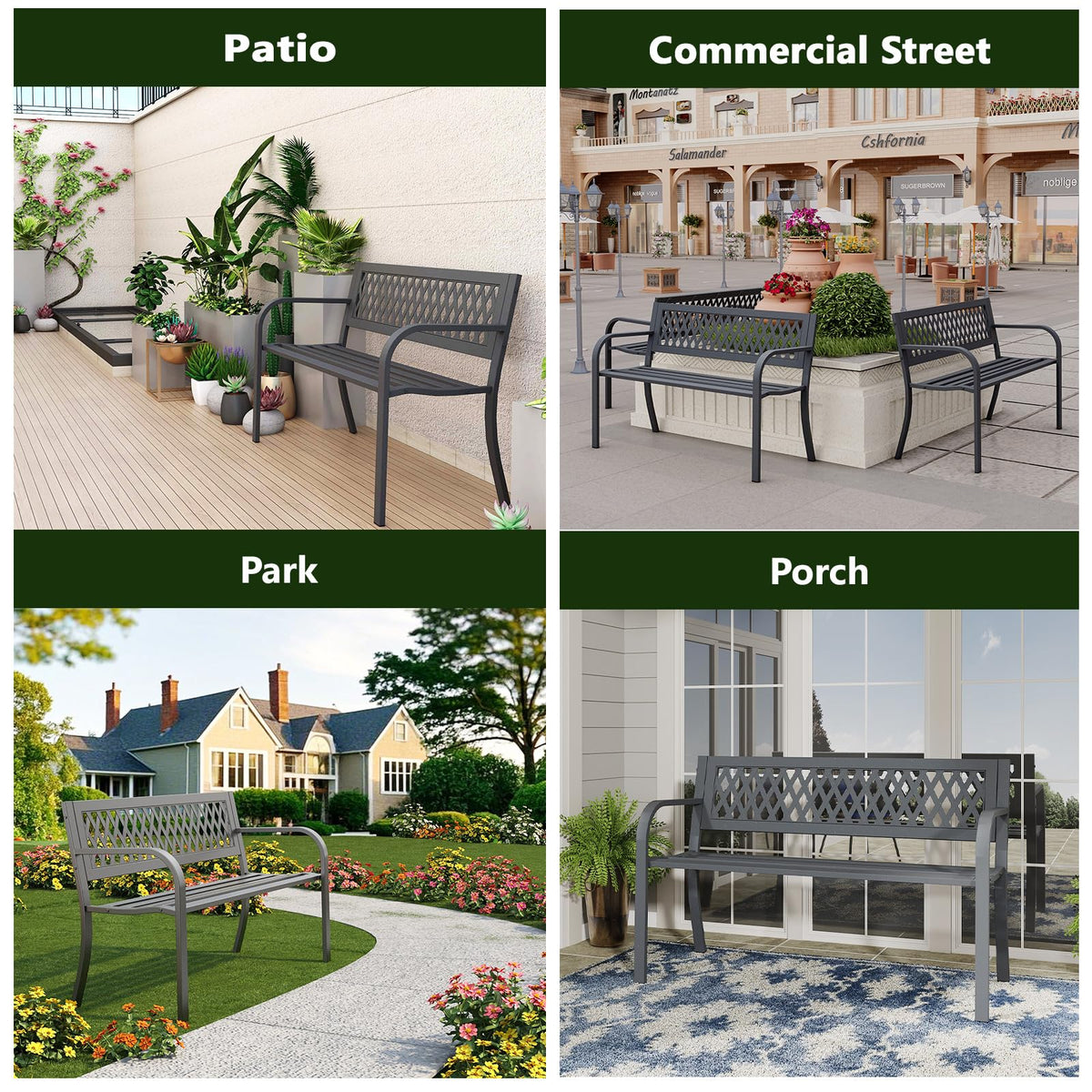 MAKE CHANGES Outdoor Bench, Garden Patio Park Entryway Metal Bench with Comfortable Backrest