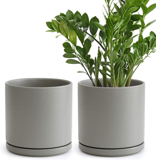 Set of 2 Plants Pots, 8 Inch Ceramic Planter Pot for Plants with Drainage Hole and Saucer, Speckled