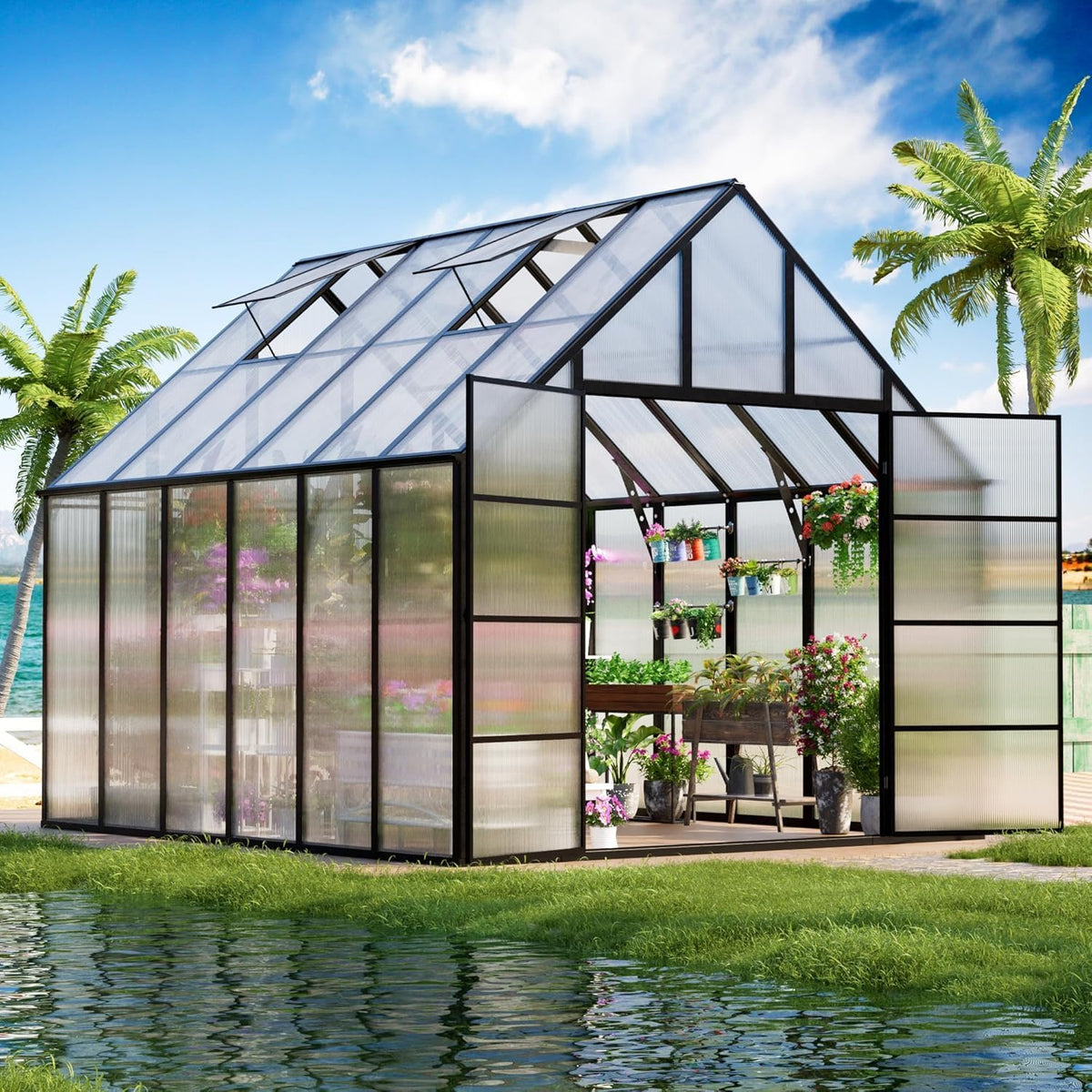 CDCASA 12x10x10 FT Greenhouse for Outdoors, Easy Assembly Large Aluminum Heavy Duty Polycarbonate