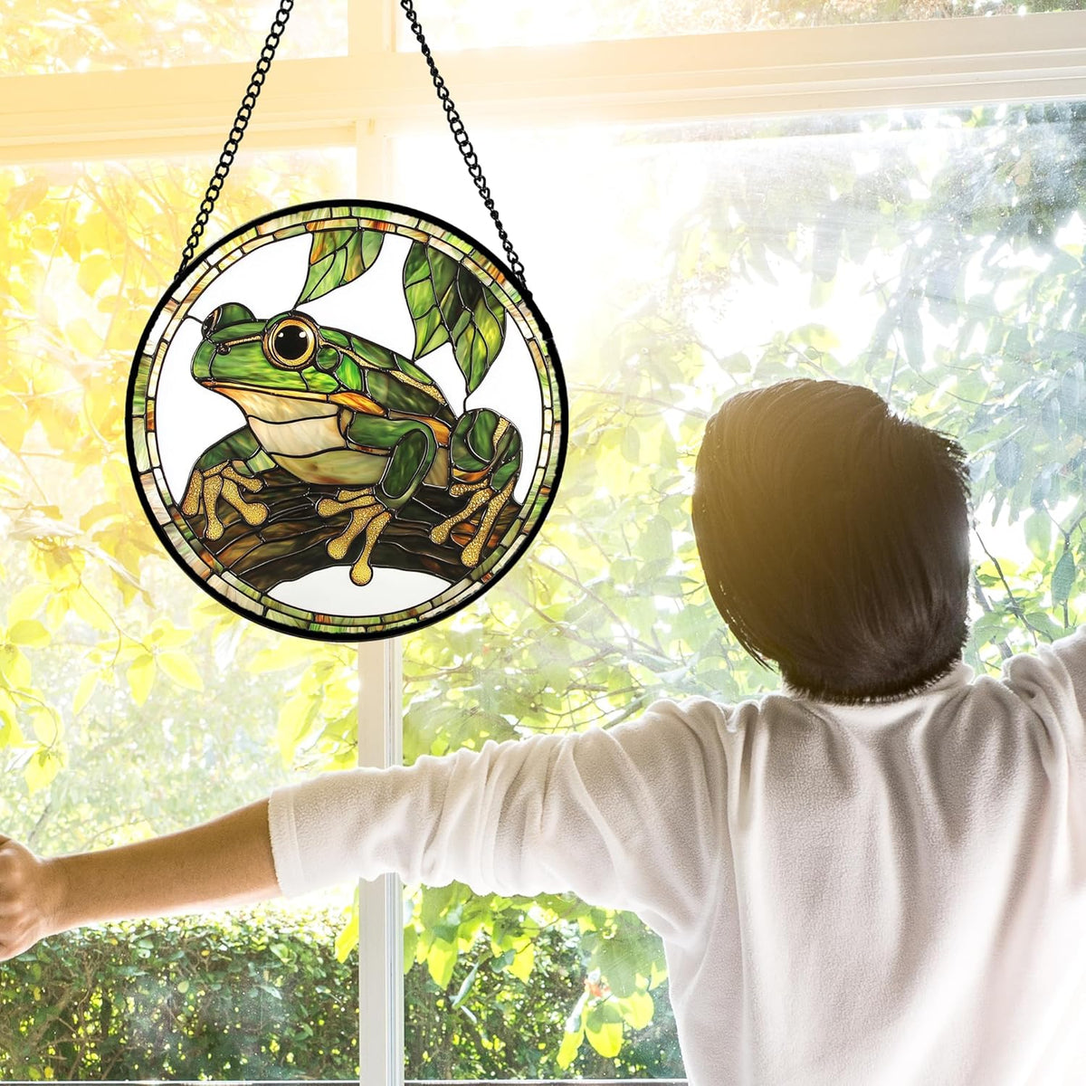 Stained Glass Window Hanging, Frog Green Leaf Sun Catchers Colorful Glass Panel Cool Suncatcher