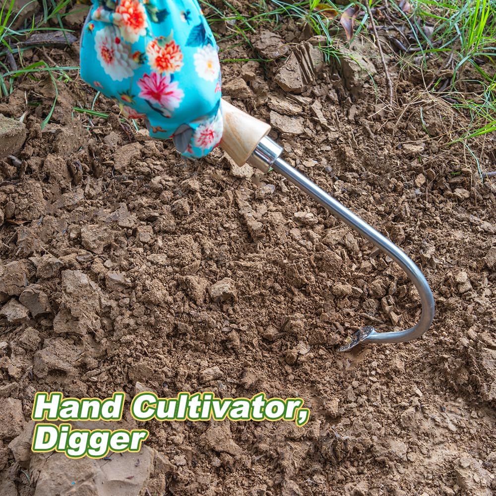 Berry&Bird Weed Puller, Crack Weeder Cultivator Garden Hand Tool, Durable Curved Head Hook & Wooden