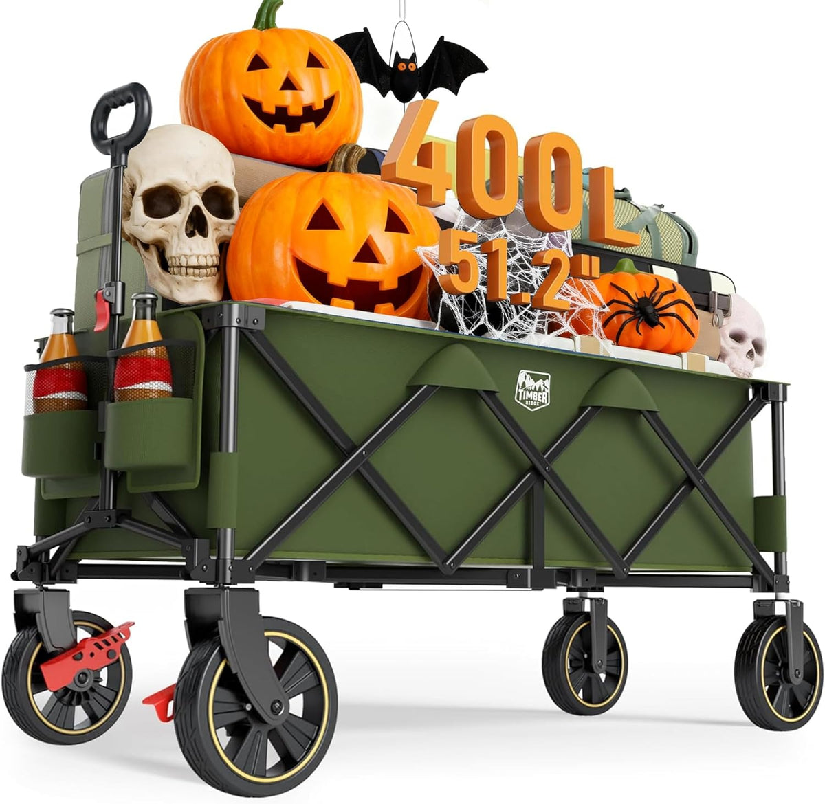 Timber Ridge 51.2'' Extended Collapsible Wagon Cart with Brakes and Cargo Net, Heavy Duty Foldable