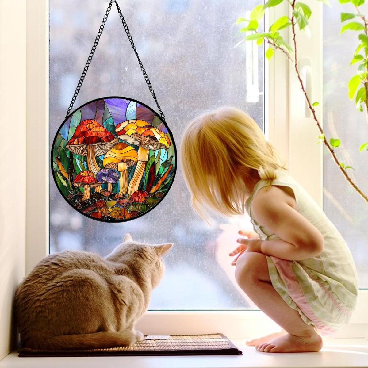 Stained Glass Window Hanging, Jungle Mushrooms Sun Catchers Diamond Glass Panel Hangings Plant
