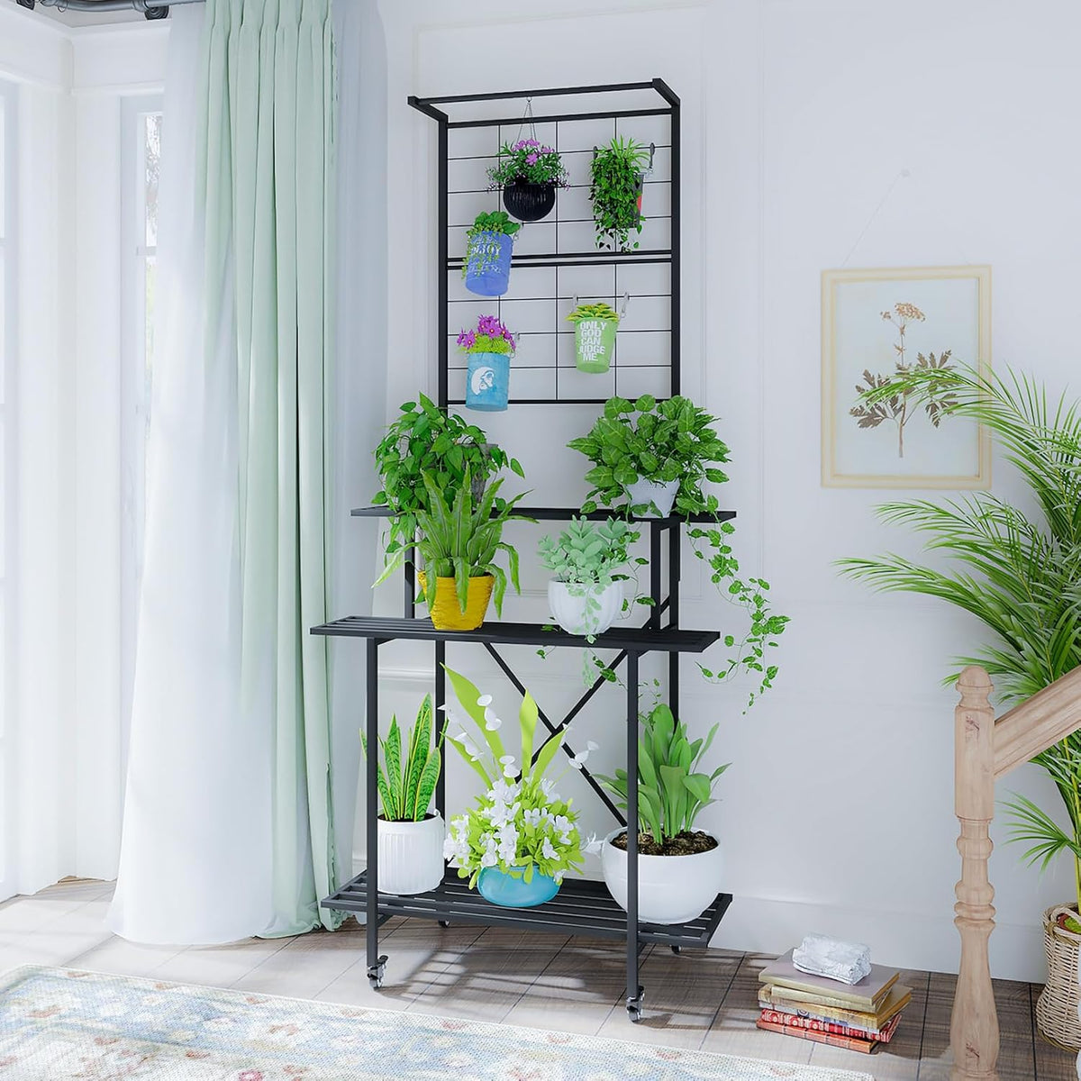 Zhongma 3 Tier Heavy Duty Plant Stand with Hanging Plant pot shelf with wheels, 35.43 L x 18.11 W x