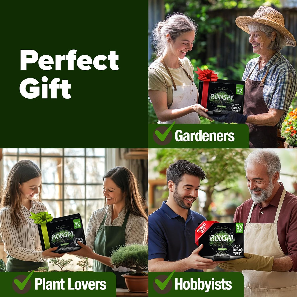 Bonsai Tree Kit 𝗨𝗦𝗔 Gifts for Men & Women - Grow 4 Bonsai Trees - Unique Gardening Crafts for