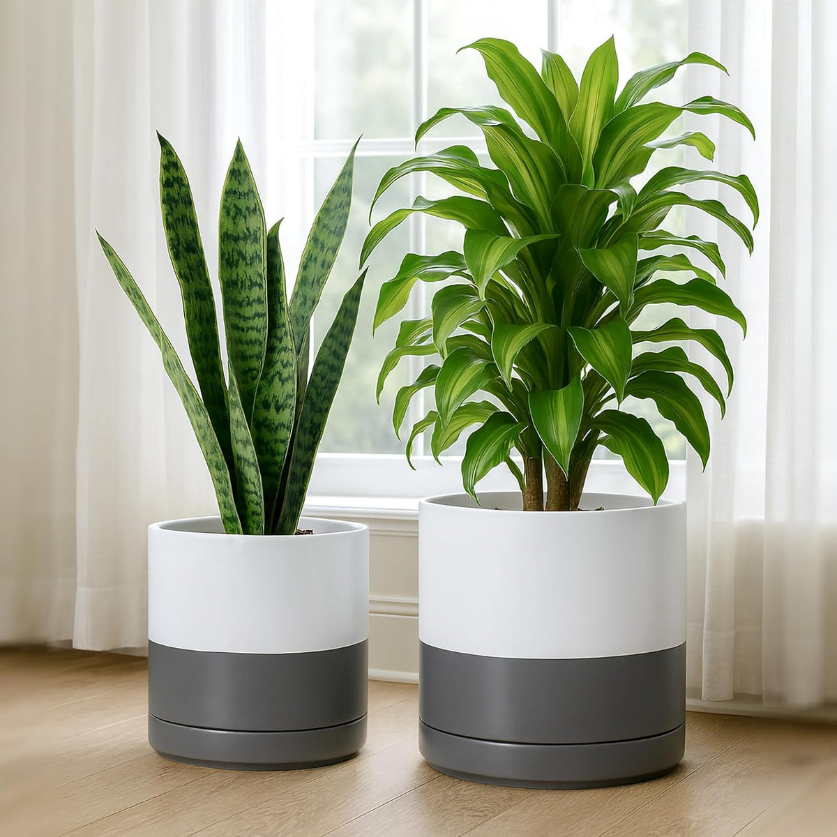 D'vine Dev 8.2 Inch & 10 Inch Ceramic Planter Pot for Plants with Drainage Hole and Saucer, Large