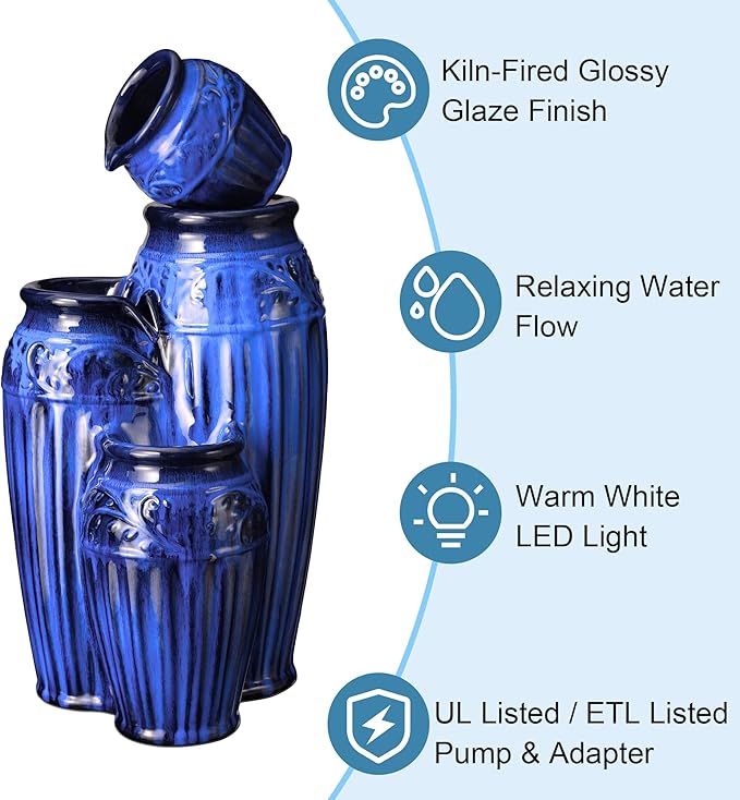 Glitzhome 27.25" H Outdoor Garden Water Fountain with LED Lights and Pump, 4 Tier Cobalt Blue