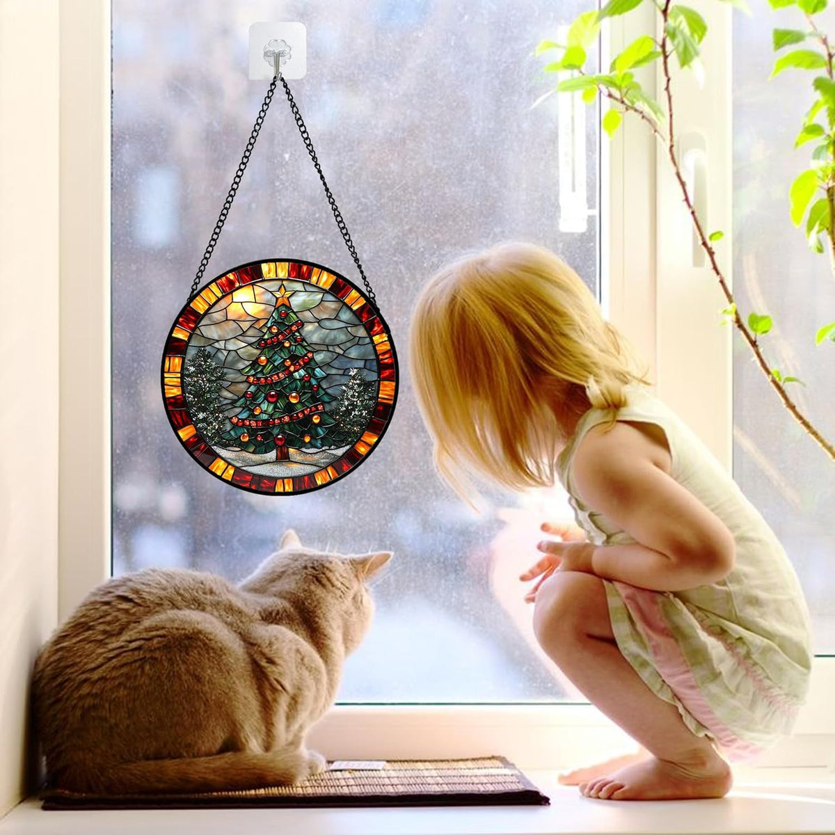Stained Glass Window Hanging - Winter Christmas Tree Suncatcher Ready to Hang Window Doors Home