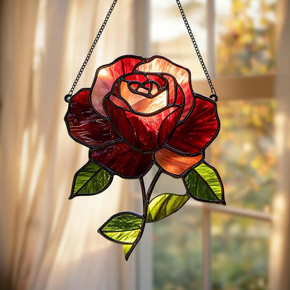 Crimson Rose Flower Acrylic Suncatcher Stained Glass Effect Window Car Hanging Christmas Ornament